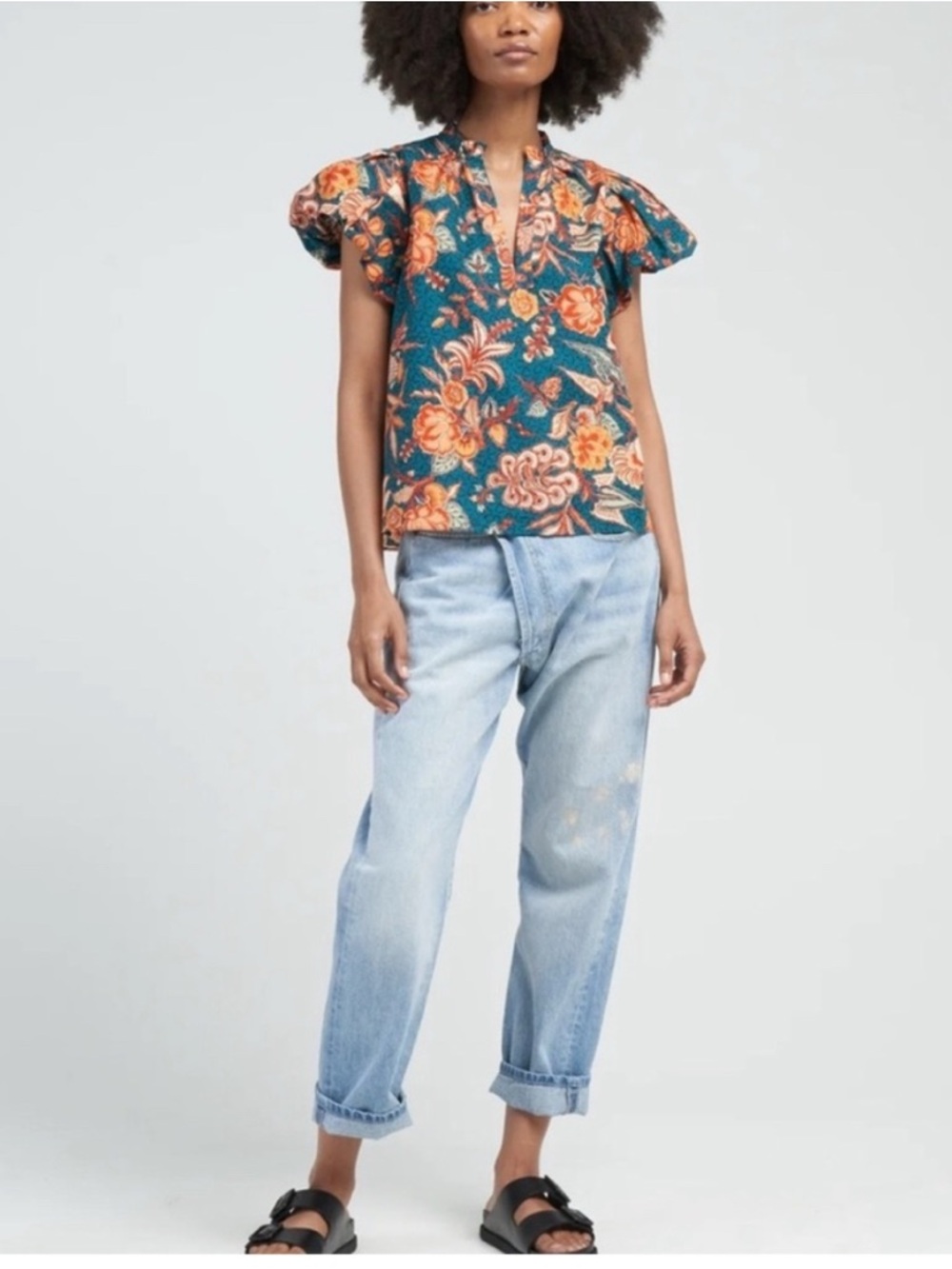 Teal Floral Puff-Sleeve Blouse with matching shorts